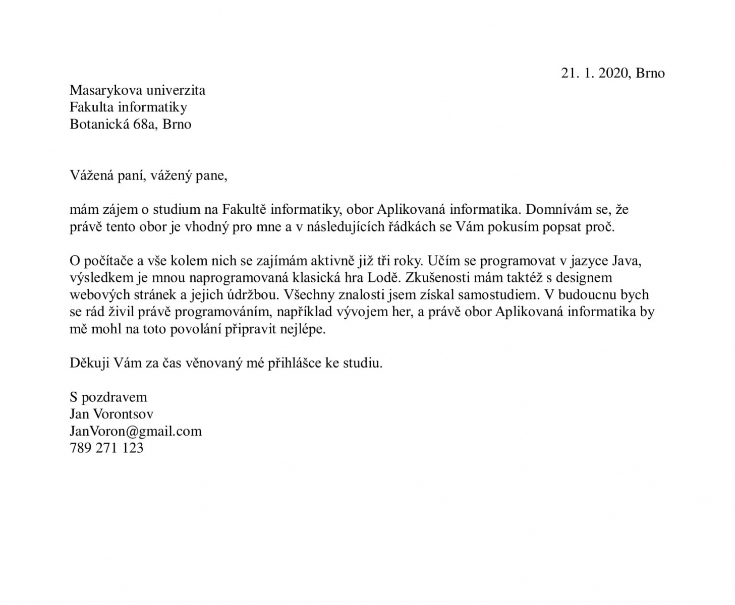 мотивационное письмо чешского студента